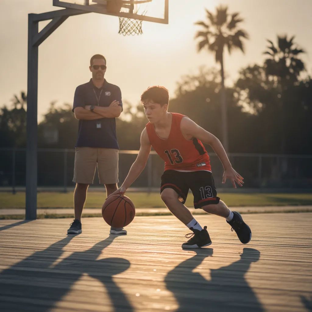 A young athlete works on his handle at golden hour while his coach watches from a few steps back